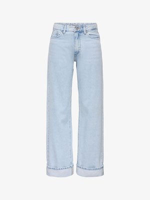 Lyseblå høytlivs vide jeans med brettede kanter, frontknapp, glidelås og fem-lomme-design.