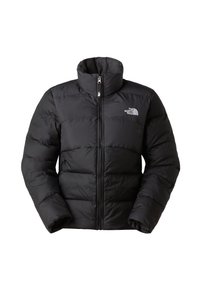 Czarna ocieplana kurtka zapinana na zamek z wysokim kołnierzem i logo The North Face na lewej piersi, zaprojektowana na zimne warunki na zewnątrz.