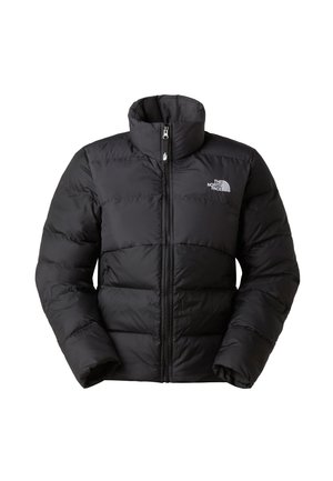 Černá zateplená bunda na zip s vysokým límcem a logem The North Face na levé straně hrudi, navržená pro venkovní chladné počasí.