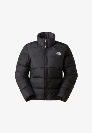 Černá zateplená bunda na zip s vysokým límcem a logem The North Face na levé straně hrudi, navržená pro venkovní chladné počasí.