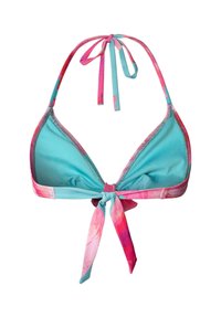 Trojúhelníkový bikiny vršek v modré barvě s růžovými a červenými popruhy s batikováním, s vázáním za krkem a na přední straně.