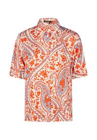 Kurzarmhemd aus leichtem Stoff mit einem Paisleymuster in Rot und Blau auf einem cremefarbenen Hintergrund, mit einem spitzen Kragen und Knöpfen.