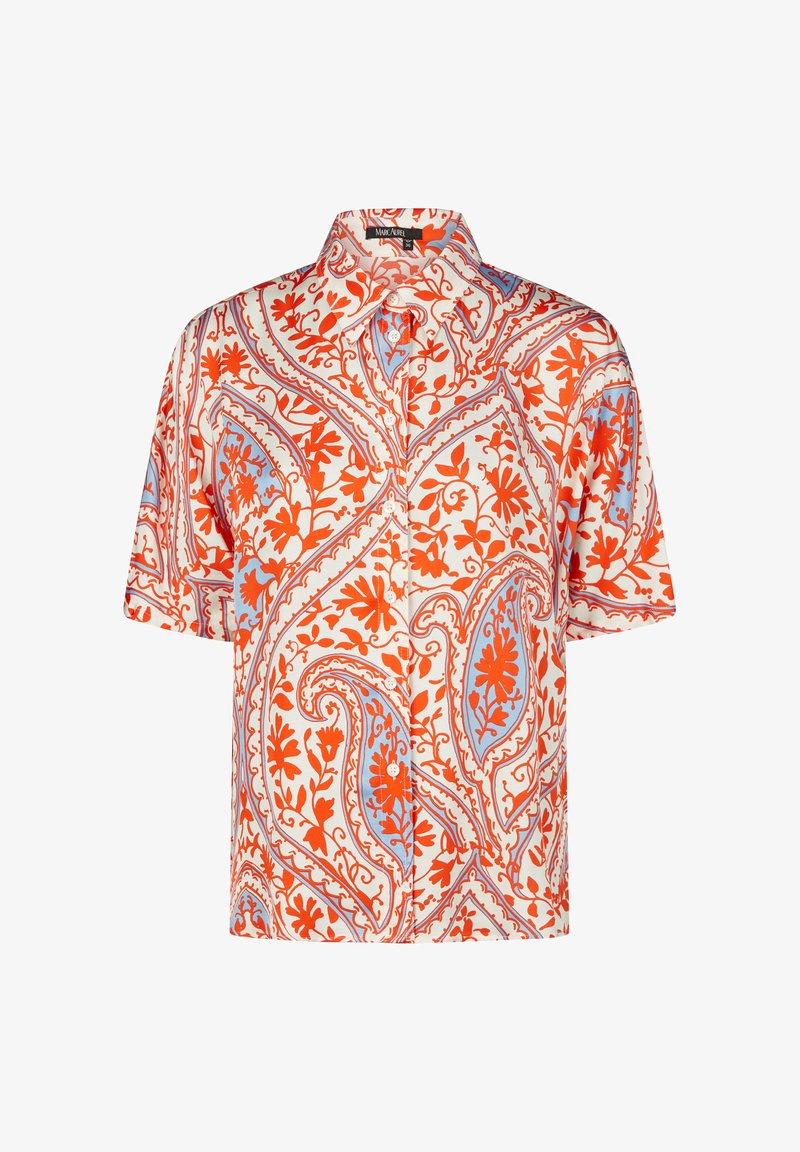 Short-sleeve shirt in lightweight fabric, featuring a paisley pattern in red and blue on a cream background, with a pointed collar and buttons.