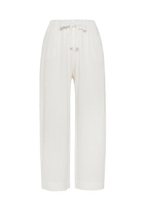 Bílé volné kalhoty s texturou, elastickým pasem a předním zavazováním, s rovnými nohavicemi a kotníkovou délkou.