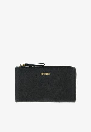 Portefeuille en cuir noir à finition texturée, avec logo en métal doré "PICARD", fermeture éclair et bracelet pour un transport facile.