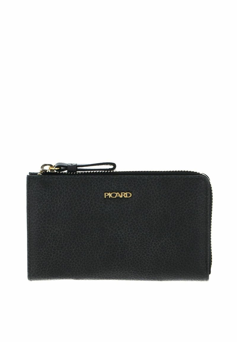 Cartera de cuero negro con acabado texturizado, logo de hardware dorado "PICARD", cierre de cremallera y una correa para la muñeca para facilitar su transporte.