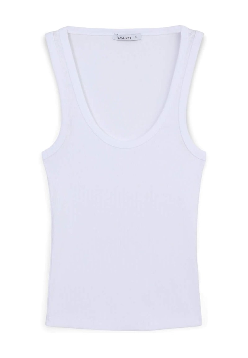 Top senza maniche bianco con colletto rotondo, realizzato in tessuto a coste. Presenta una vestibilità aderente e una texture liscia. Etichetta visibile all'collo.