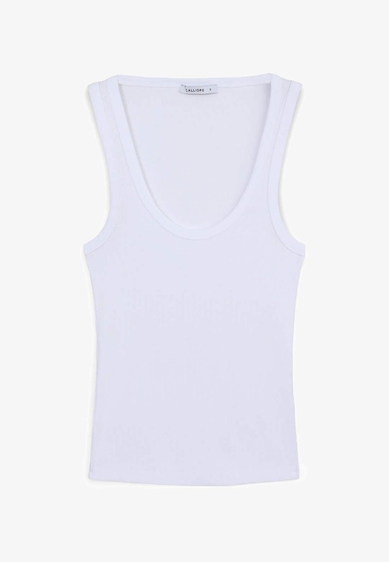 Top senza maniche bianco con colletto rotondo, realizzato in tessuto a coste. Presenta una vestibilità aderente e una texture liscia. Etichetta visibile all'collo.