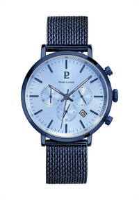 Blaues Chronograph-Uhr mit strukturiertem Mesh-Armband, rundem Ziffernblatt, Stahlgehäuse und drei Hilfsziffernblättern. Verfügt über minimalistische Stundenmarkierungen und ein Datumsfenster.