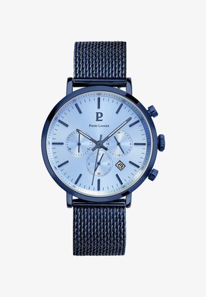 Blaues Chronograph-Uhr mit strukturiertem Mesh-Armband, rundem Ziffernblatt, Stahlgehäuse und drei Hilfsziffernblättern. Verfügt über minimalistische Stundenmarkierungen und ein Datumsfenster.