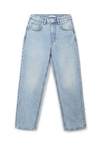 Jean en denim bleu clair, avec une coupe ample, présentant une taille haute, deux poches avant et un léger délavage. Fermeture avec un bouton en métal et une fermeture éclair.