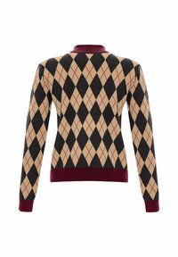 Maglione a maglia con un motivo a diamante in beige, nero e marrone. Collo e polsini a coste con un design aderente.