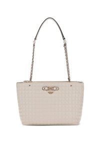 Bolso de mano acolchado beige con correa de cadena plateada y doble cierre circular. Presenta el logotipo y un cierre de cremallera en la parte superior. Textura suave.