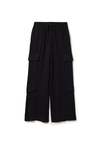 Zwarte cargopantalons met een breed ontwerp, voorzien van een elastische tailleband, trekkoord en vier externe zakken voor opslag.