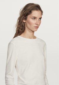 Long-sleeve white top with a crew neckline, smooth texture, and slim fit. Simple design with no visible patterns or accents.