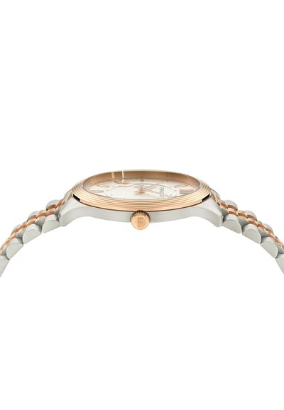 Silver and rose gold wristwatch featuring a round face, textured bezel, and a metal bracelet with alternating links.