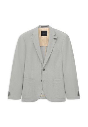 Hellgrauer Herrenblazer mit Kerbkragen, zwei vorderen Taschen, zwei Knöpfen und beiger Innenausstattung mit Markenetikett.