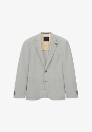 Hellgrauer Herrenblazer mit Kerbkragen, zwei vorderen Taschen, zwei Knöpfen und beiger Innenausstattung mit Markenetikett.