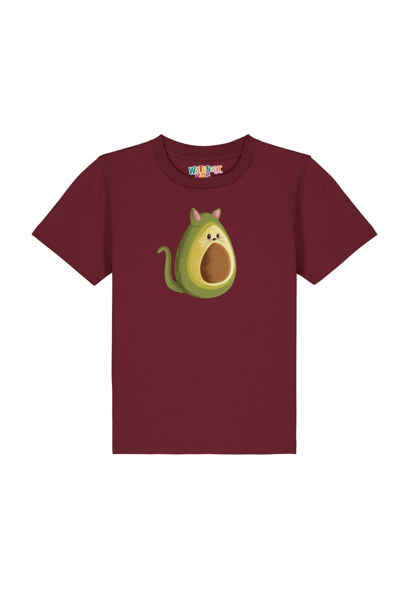 T-shirt court marron avec des manches courtes présentant un avocat vert avec des oreilles de chat et un noyau intérieur marron. Tissu doux, design décontracté.