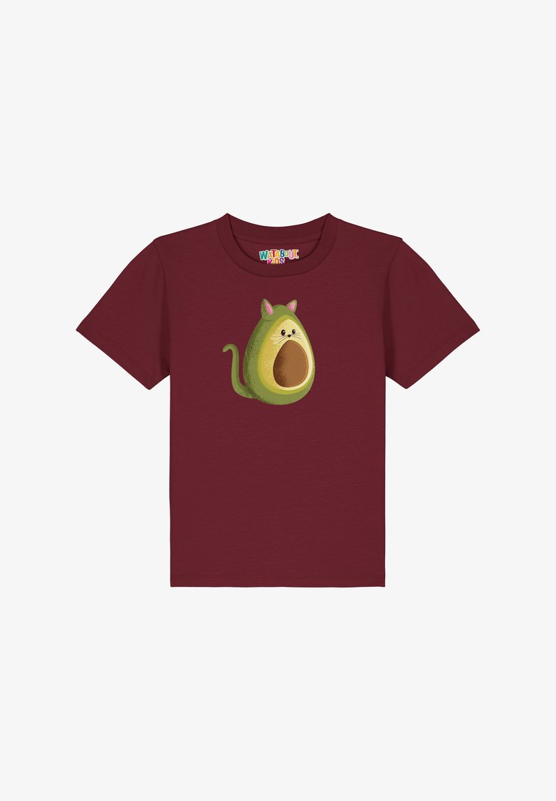 T-shirt court marron avec des manches courtes présentant un avocat vert avec des oreilles de chat et un noyau intérieur marron. Tissu doux, design décontracté.