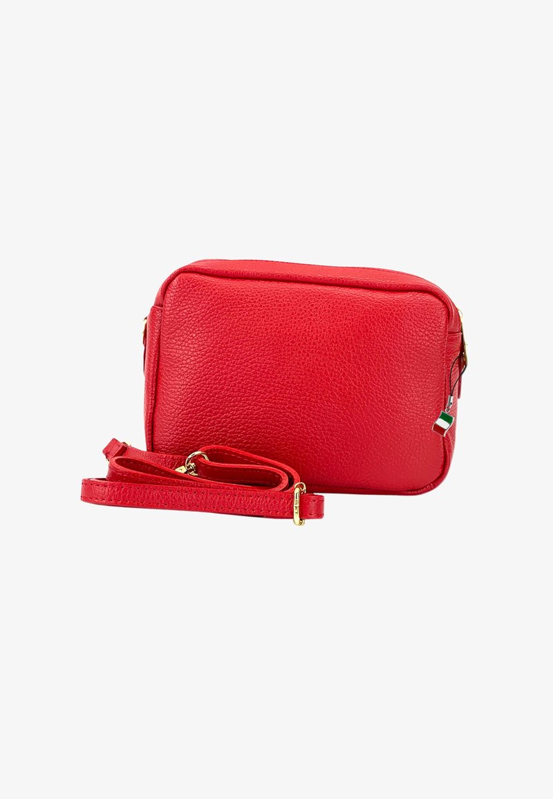 Rode leren schoudertas met gouden hardware. Rechteckige vorm, gestructureerde oppervlakte, heeft een afneembare schouderband.