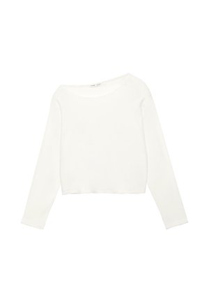 Beli dolg rokav, skrajšan pulover z širokim okroglim izrezom, prikazan na belem ozadju.