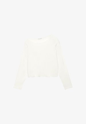 Pull court blanc à manches longues avec un large col rond, présenté sur un fond blanc uni.