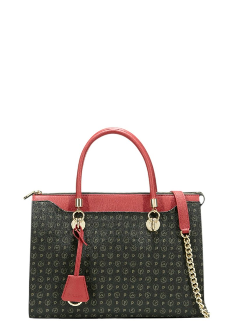 Borsa a tote con motivo nero, dettagli in pelle rossa, hardware dorato, manici doppi, tracolla rimovibile e un piccolo cartellino appendibile.