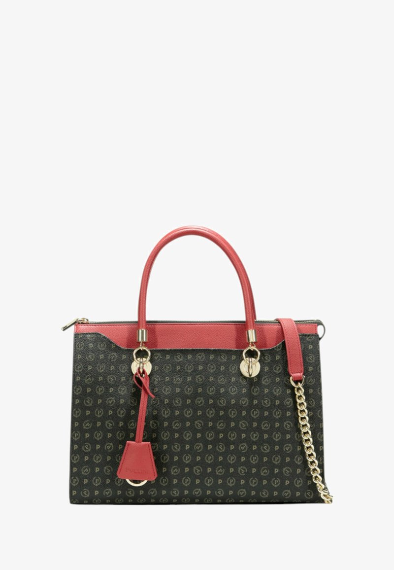 Borsa a tote con motivo nero, dettagli in pelle rossa, hardware dorato, manici doppi, tracolla rimovibile e un piccolo cartellino appendibile.