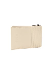 Portafoglio in pelle beige con texture liscia, dotato di più slot per carte e un compartimento con zip. Logo impresso sul fronte.
