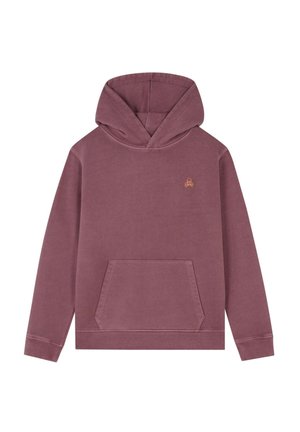 Felpa con cappuccio in un colore mauve tenue, realizzata in tessuto morbido, con tasca a marsupio e un piccolo logo ricamato sul petto.