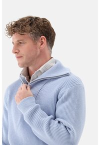 Helles blaues Ripp-Strickpullover mit Reißverschlusskragen, über einem hellen Karohemd getragen. Sichtbare strukturierte Stoffoberfläche und Details am Schalkragen.