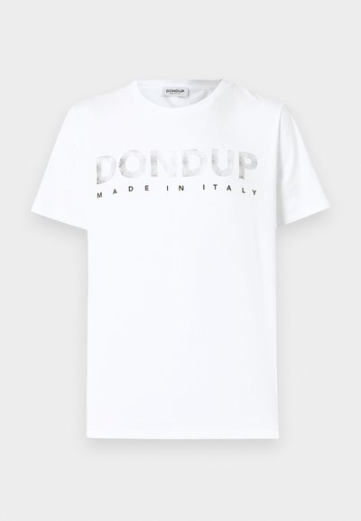 T-shirt en coton blanc avec un col rond et des manches courtes. L'impression à l'avant inclut "DONDUP" et "FABRIQUÉ EN ITALIE" en lettres grises et noires.