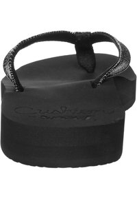 Zwarte flip-flop met gestructureerde stoffen banden, een gevoerde zool en een afgeronde voetbed. Kenmerkt zich door het 'Cushion' logo dat in de zool is geperst.