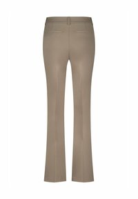 Beige uitlopende broek met een gladde textuur, vier zakken, riemlussen en een klassiek ontwerp. Voorzien van dubbele achterzakken voor functionaliteit.