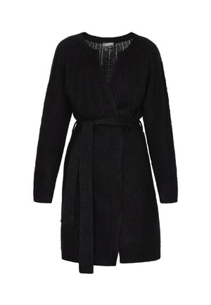 Czarny kardigan owijany, wykonany z teksturowanej dzianiny. Posiada długie rękawy, paski do związania w talii oraz głęboki dekolt w kształcie litery V.