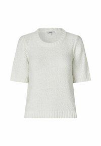 Sweter z krótkim rękawem, dzianinowy, w kolorze białym, okrągły dekolt, teksturowany wzór, ribbowane wykończenia dołu i rękawów, casualowy design.