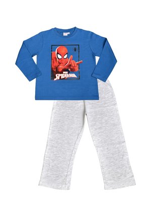 Blaues Langarmshirt mit Spider-Man-Grafik und hellgraue Hose flach ausgelegt, Kinder-Zweiteiler.