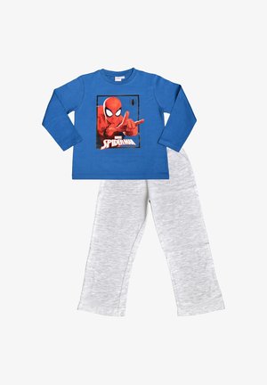 Blaues Langarmshirt mit Spider-Man-Grafik und hellgraue Hose flach ausgelegt, Kinder-Zweiteiler.