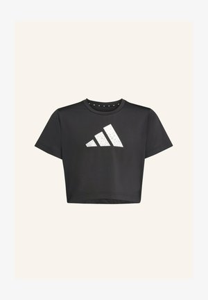 Černé zkrácené tričko vyrobené z hladkého materiálu, s bílou grafikou tří diagonálních pruhů s leopardím vzorem. Kolo výstřih.