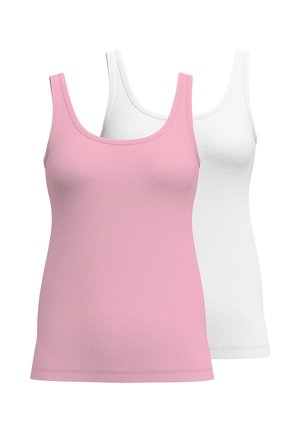 Due top in cotone: uno rosa e uno bianco. Realizzati in un tessuto morbido e elasticizzato con scollo a giro e spalline sottili.