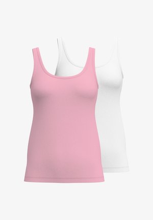 Zwei Tops: eines in Pink und eines in Weiß. Hergestellt aus weichem, dehnbaren Material mit einem Rundhalsausschnitt und dünnen Trägern.
