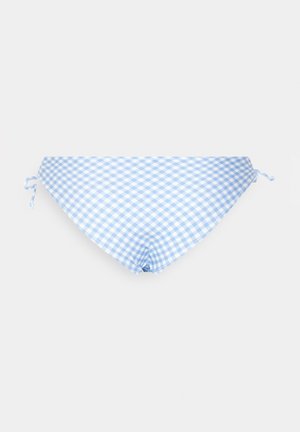 Blaue und weiße Karobikinihose mit seitlichen Bindebändern, hergestellt aus einem glatten Stoff, mit einer dreieckigen Form und einem klassischen Karomuster.