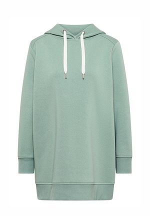 Felpa lunga verde menta con coulisse bianche, polsini e orlo a coste, mostrata su uno sfondo bianco semplice.