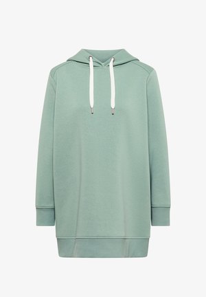 Mint green long hoodie with white drawstrings, ribbed cuffs, and hem, displayed on a plain white background.