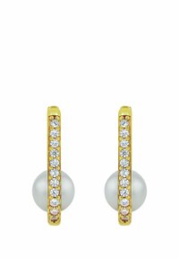 Pendientes de tono dorado con una barra vertical adornada con cristales transparentes, que presenta una gran perla blanca lisa en la base.