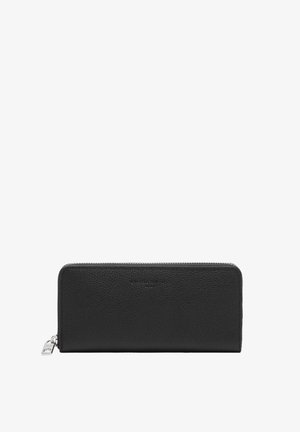 Black leather wallet with a pebbled texture, zip closure, and silver hardware. Features a logo embossed on the front. Rectangular shape.