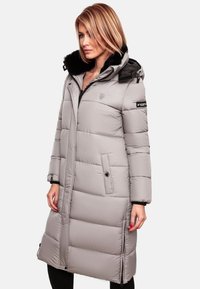 Grey padded long coat with a faux fur collar, front zipper, and snap-button closures. Features vertical stitching and side pockets.