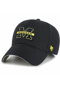 Gorra de béisbol azul marino con bordado amarillo "MICHIGAN" y logo "M". Cuenta con una visera curva y el logo "47" en el lateral. Material de algodón.
