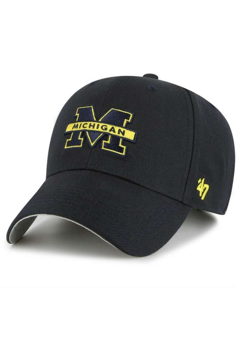 Gorra de béisbol azul marino con bordado amarillo "MICHIGAN" y logo "M". Cuenta con una visera curva y el logo "47" en el lateral. Material de algodón.